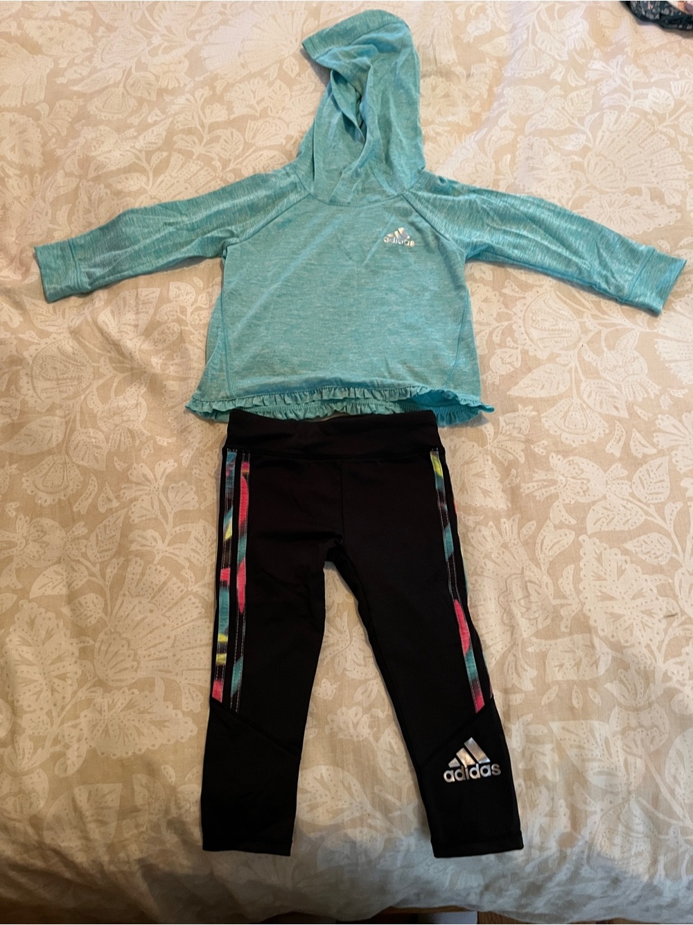 adidas Aqua Hoodie and Black Leggings with Multicolor Stripes